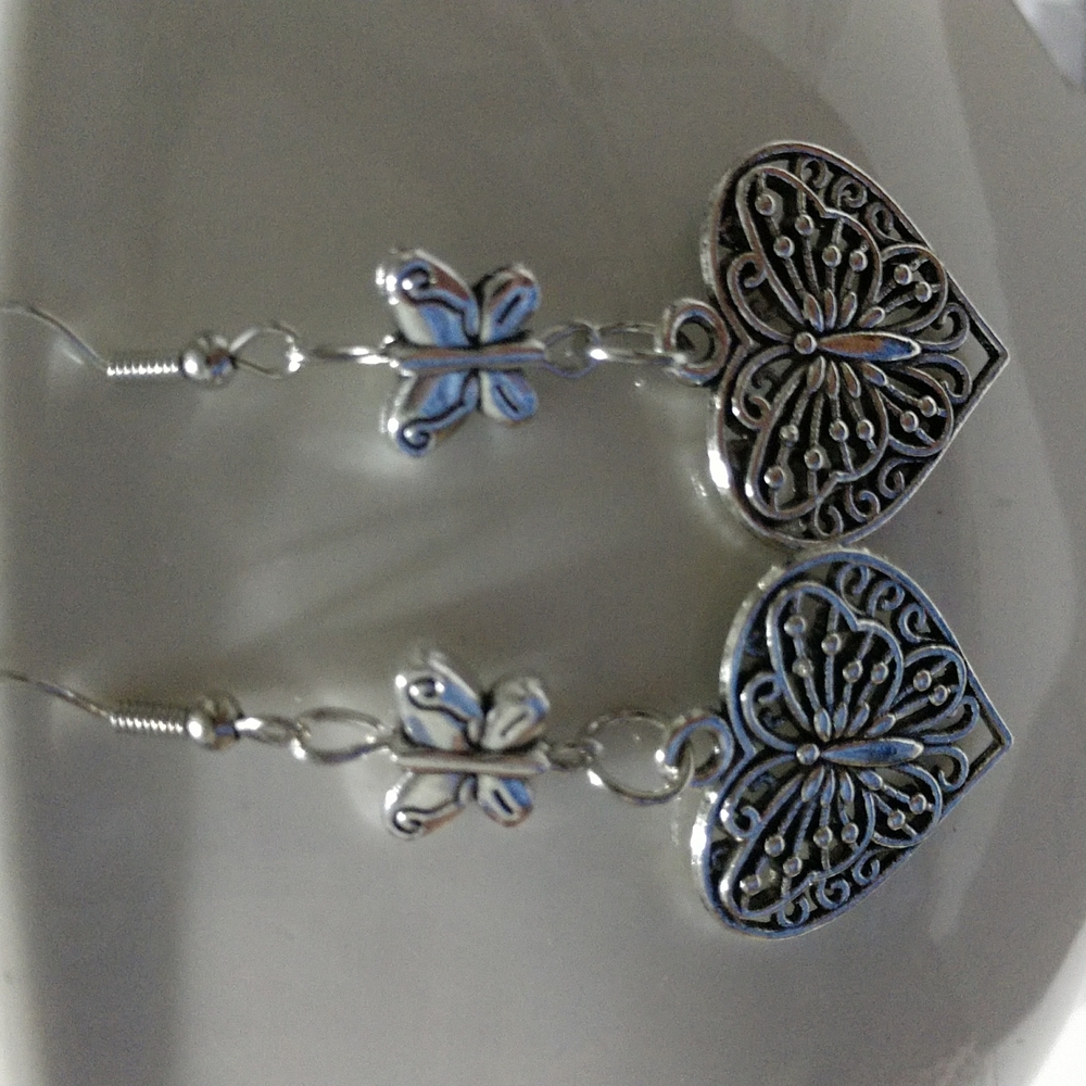 Earrings Dangle Butterflies Heart Fishhook Silver-tone Boho Romantic